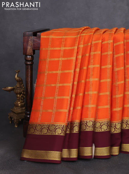 Pure mysore silk saree orange and coffee brown with allover zari checked pattern and rettapet zari woven border