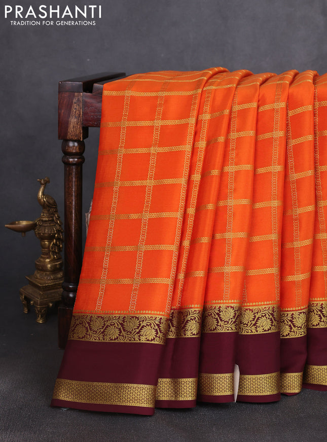 Pure mysore silk saree orange and coffee brown with allover zari checked pattern and rettapet zari woven border