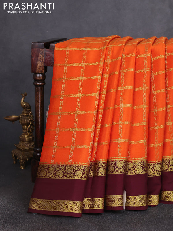 Pure mysore silk saree orange and coffee brown with allover zari checked pattern and rettapet zari woven border