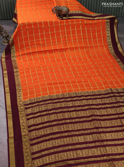 Pure mysore silk saree orange and coffee brown with allover zari checked pattern and rettapet zari woven border