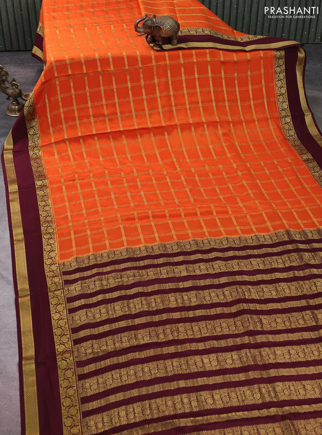 Pure mysore silk saree orange and coffee brown with allover zari checked pattern and rettapet zari woven border