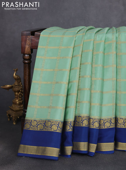 Pure mysore silk saree teal green and blue with allover zari checked pattern and rettapet zari woven border