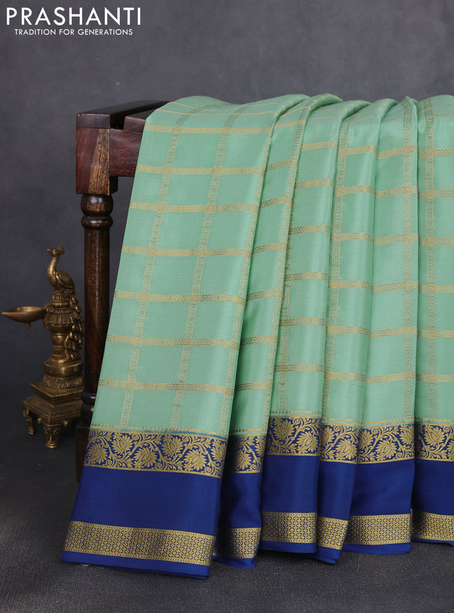 Pure mysore silk saree teal green and blue with allover zari checked pattern and rettapet zari woven border