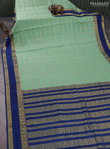 Pure mysore silk saree teal green and blue with allover zari checked pattern and rettapet zari woven border
