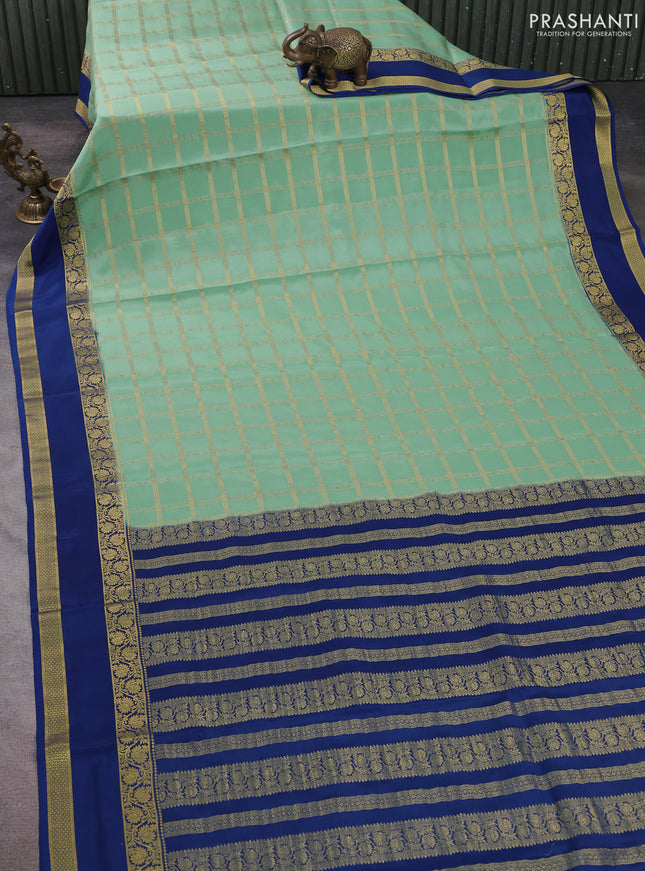Pure mysore silk saree teal green and blue with allover zari checked pattern and rettapet zari woven border