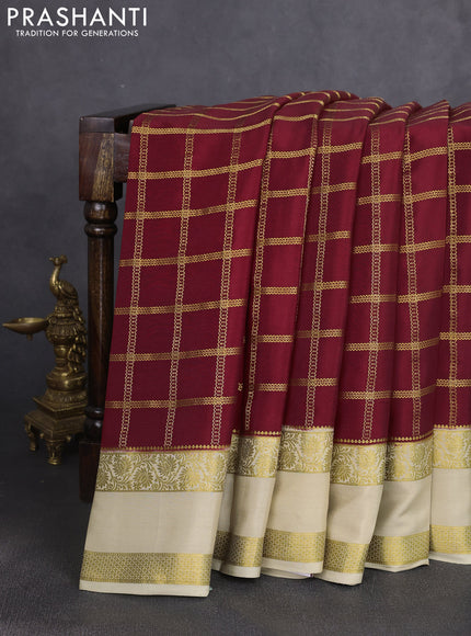 Pure mysore silk saree maroon and pista green with allover zari checked pattern and rettapet zari woven border