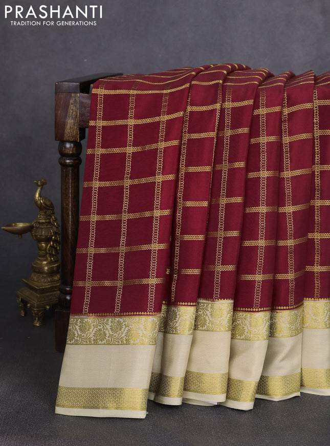 Pure mysore silk saree maroon and pista green with allover zari checked pattern and rettapet zari woven border
