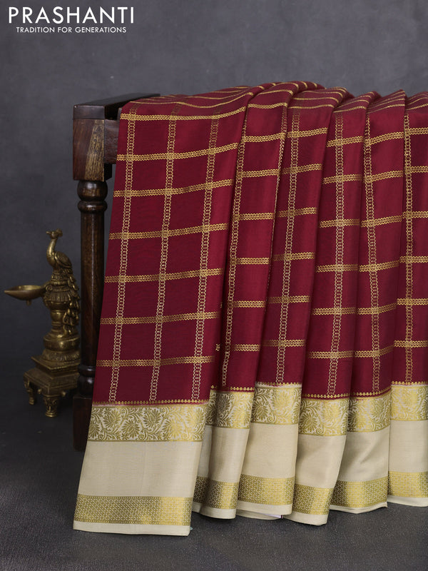 Pure mysore silk saree maroon and pista green with allover zari checked pattern and rettapet zari woven border