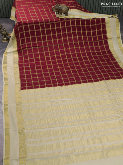 Pure mysore silk saree maroon and pista green with allover zari checked pattern and rettapet zari woven border