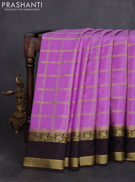 Pure mysore silk saree lavender and coffee brown with allover zari checked pattern and rettapet zari woven border