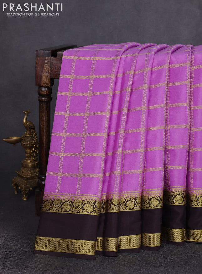 Pure mysore silk saree lavender and coffee brown with allover zari checked pattern and rettapet zari woven border