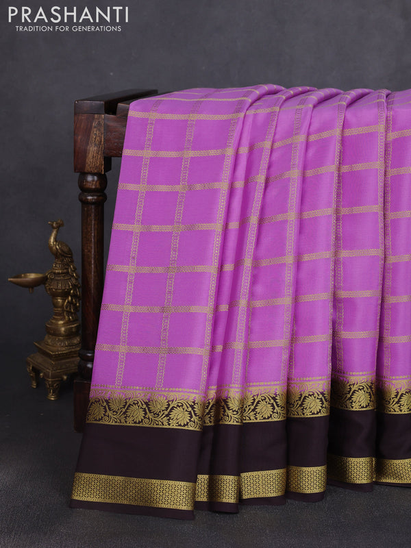 Pure mysore silk saree lavender and coffee brown with allover zari checked pattern and rettapet zari woven border