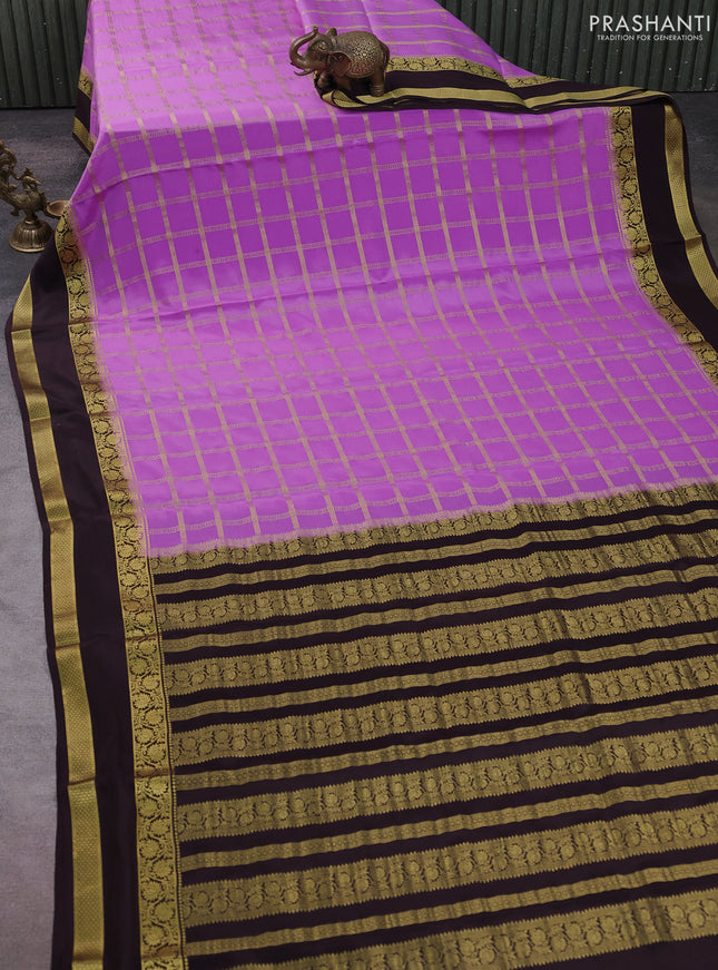 Pure mysore silk saree lavender and coffee brown with allover zari checked pattern and rettapet zari woven border