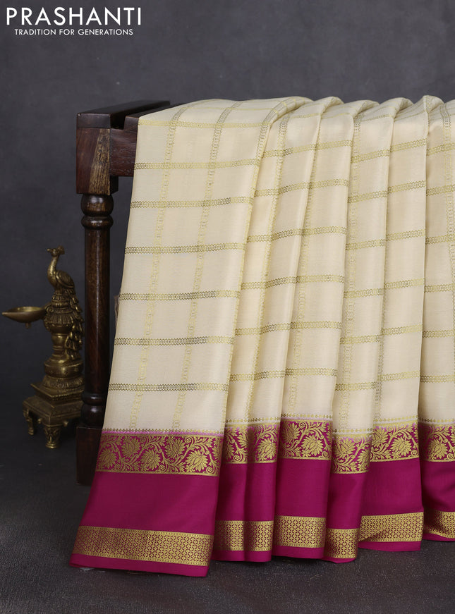 Pure mysore silk saree cream and pink with allover zari checked pattern and rettapet zari woven border