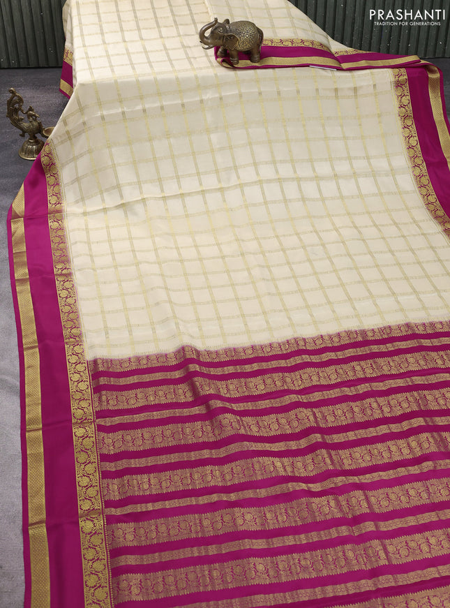 Pure mysore silk saree cream and pink with allover zari checked pattern and rettapet zari woven border