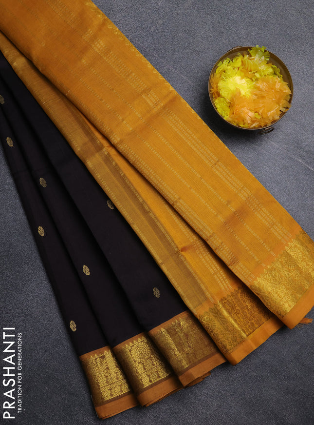 Silk cotton saree deep coffee brown and mustard yellow with zari woven buttas and zari woven border