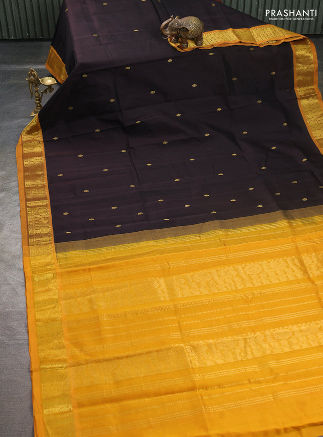 Silk cotton saree deep coffee brown and mustard yellow with zari woven buttas and zari woven border