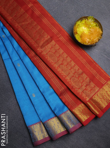 Silk cotton saree cs blue and red with zari woven buttas and zari woven border