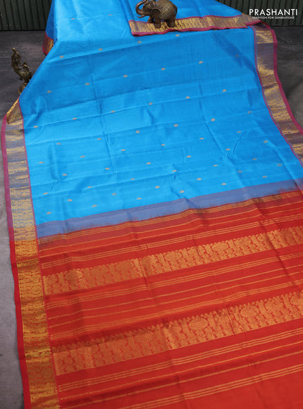 Silk cotton saree cs blue and red with zari woven buttas and zari woven border