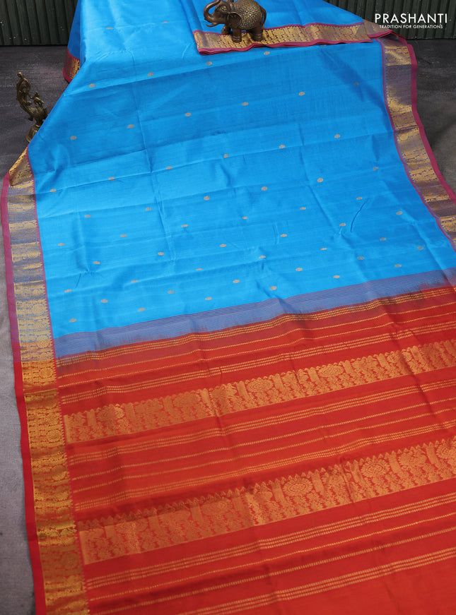 Silk cotton saree cs blue and red with zari woven buttas and zari woven border