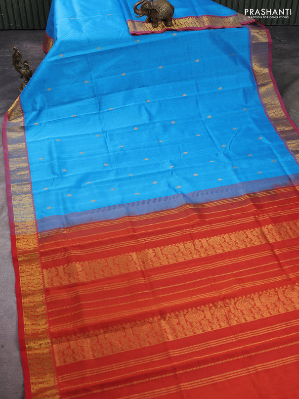 Silk cotton saree cs blue and red with zari woven buttas and zari woven border