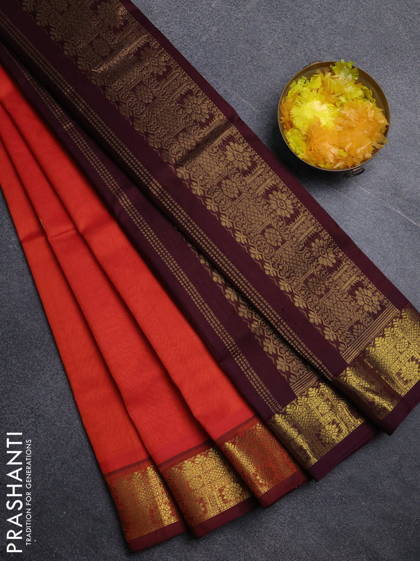 Silk cotton saree orange and wine shade with zari woven buttas and zari woven border