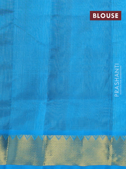 Silk cotton saree elachi green and cs blue with paisley zari woven buttas and temple design zari woven border
