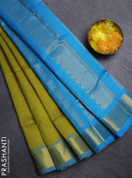 Silk cotton saree lime green and cs blue with paisley zari woven buttas and temple design zari woven border