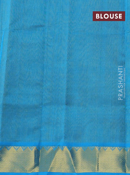 Silk cotton saree lime green and cs blue with paisley zari woven buttas and temple design zari woven border