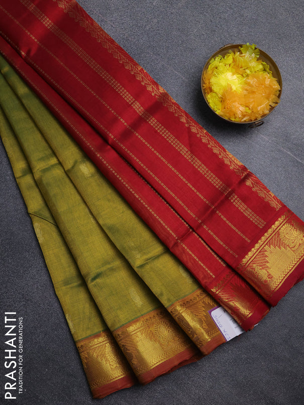 Silk cotton saree mustard green and maroon with paisley zari woven buttas and annam zari woven border