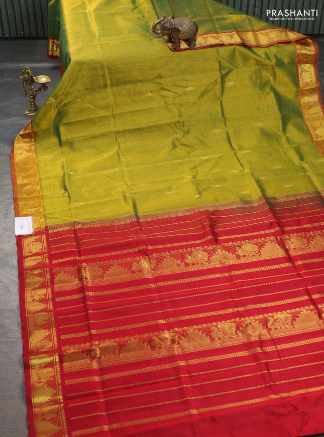 Silk cotton saree mustard green and maroon with paisley zari woven buttas and annam zari woven border
