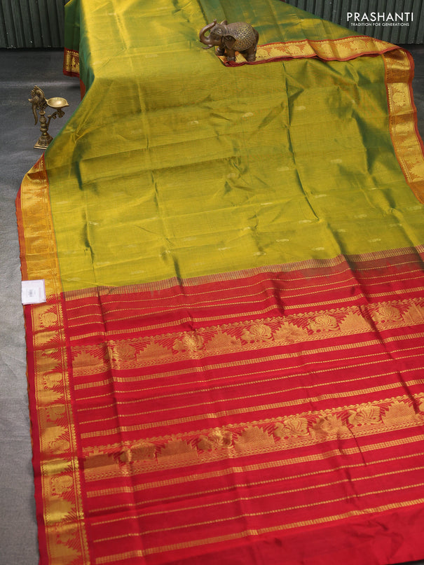 Silk cotton saree mustard green and maroon with paisley zari woven buttas and annam zari woven border