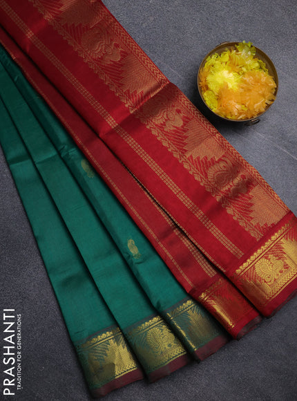 Silk cotton saree green shade and maroon with paisley zari woven buttas and temple & annam zari woven border