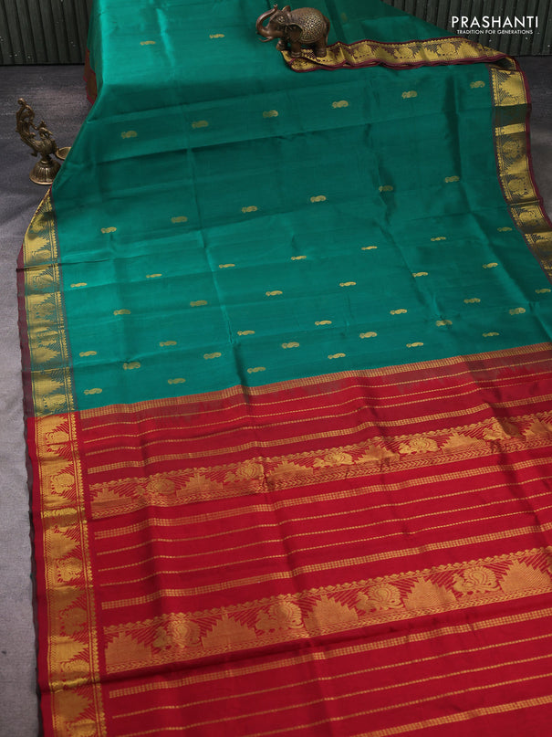 Silk cotton saree green shade and maroon with paisley zari woven buttas and temple & annam zari woven border