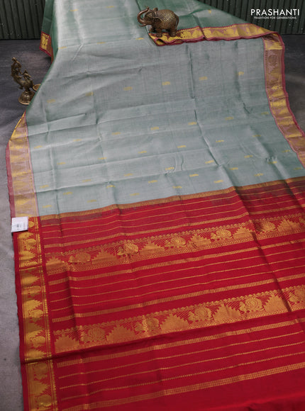 Silk cotton saree green shade and maroon with paisley zari woven buttas and temple & annam zari woven border
