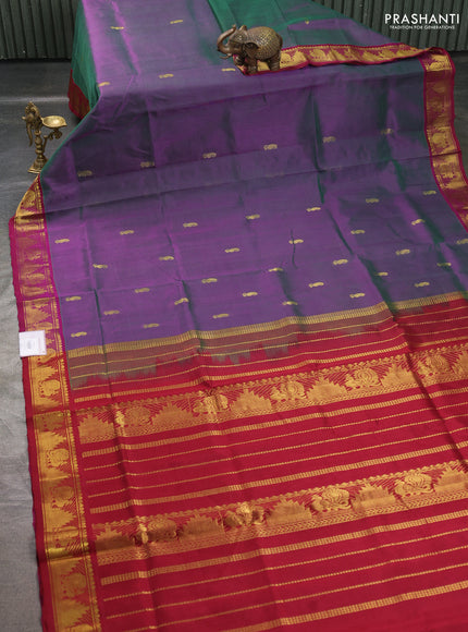 Silk cotton saree dual shade of greenish purple and wine shade with paisley zari woven buttas and temple & annam zari woven border