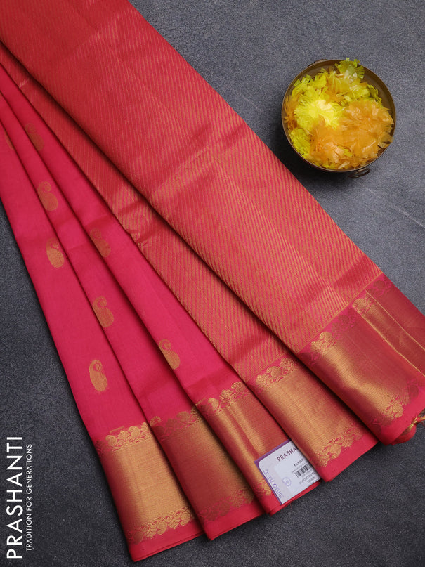 Silk cotton saree candy pink with paisley zari woven buttas and zari woven border