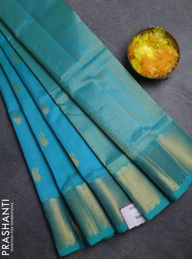 Silk cotton saree cs blue with paisley zari woven buttas and zari woven border