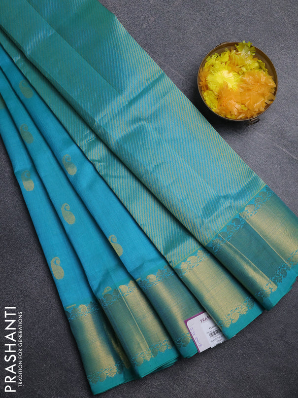 Silk cotton saree cs blue with paisley zari woven buttas and zari woven border