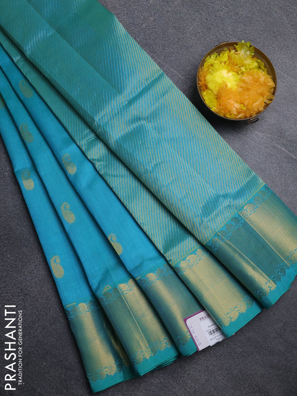 Silk cotton saree cs blue with paisley zari woven buttas and zari woven border