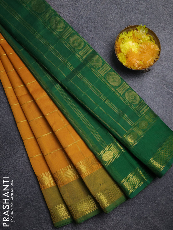 Silk cotton saree yellow and green with allover zari checked pattern and rettapet zari woven border