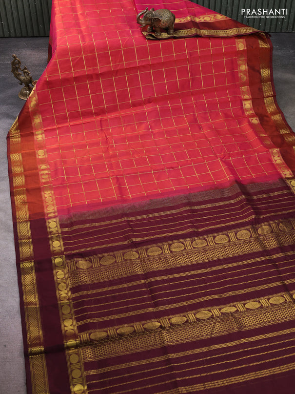 Silk cotton saree dual shade of pinkish orange and maroon with allover zari checked pattern and rettapet zari woven border
