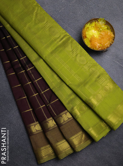 Silk cotton saree coffee brown and light green with allover zari checked pattern and rettapet zari woven border