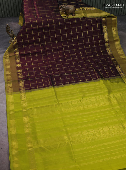 Silk cotton saree coffee brown and light green with allover zari checked pattern and rettapet zari woven border