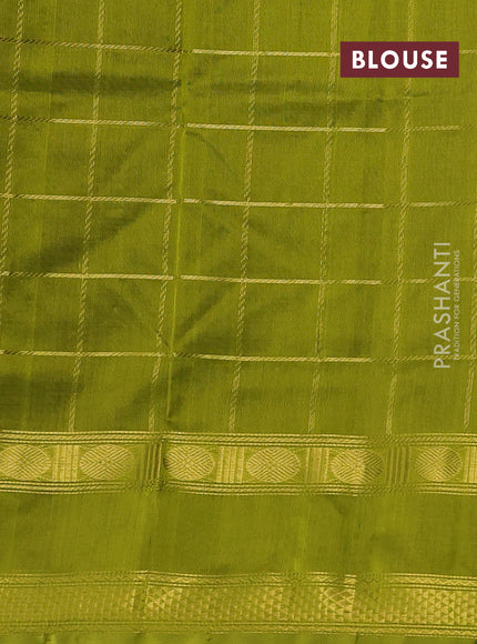 Silk cotton saree coffee brown and light green with allover zari checked pattern and rettapet zari woven border