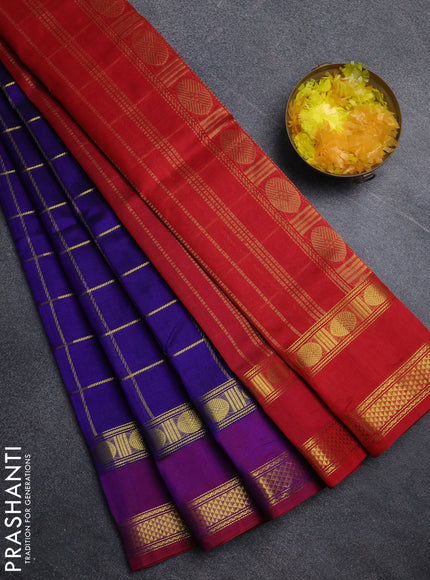 Silk cotton saree royal blue and red with allover zari checked pattern and rettapet zari woven border