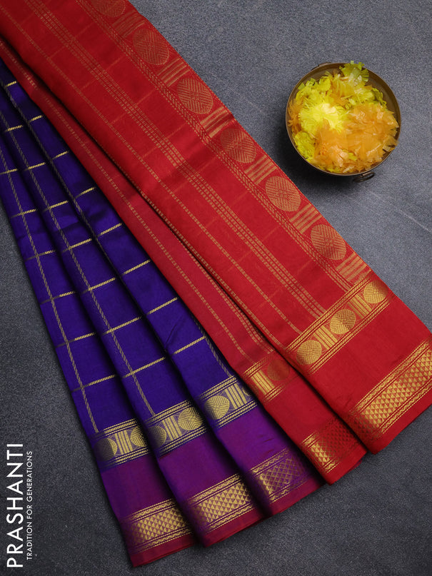 Silk cotton saree royal blue and red with allover zari checked pattern and rettapet zari woven border