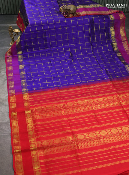 Silk cotton saree royal blue and red with allover zari checked pattern and rettapet zari woven border