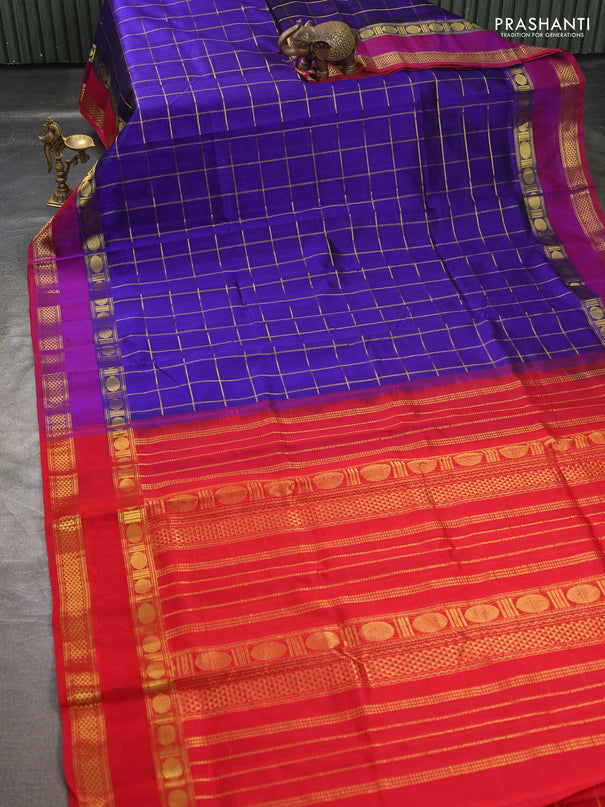 Silk cotton saree royal blue and red with allover zari checked pattern and rettapet zari woven border
