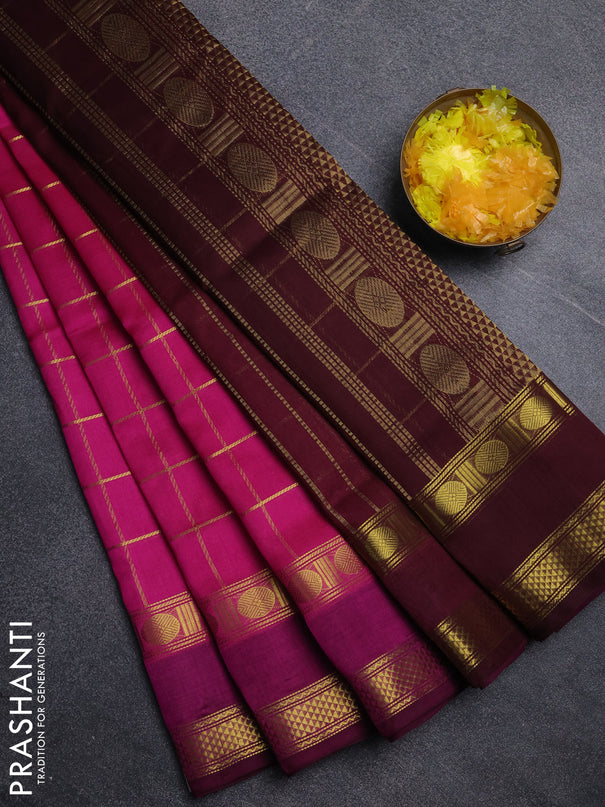 Silk cotton saree pink  and wine shade with allover zari checked pattern and rettapet zari woven border